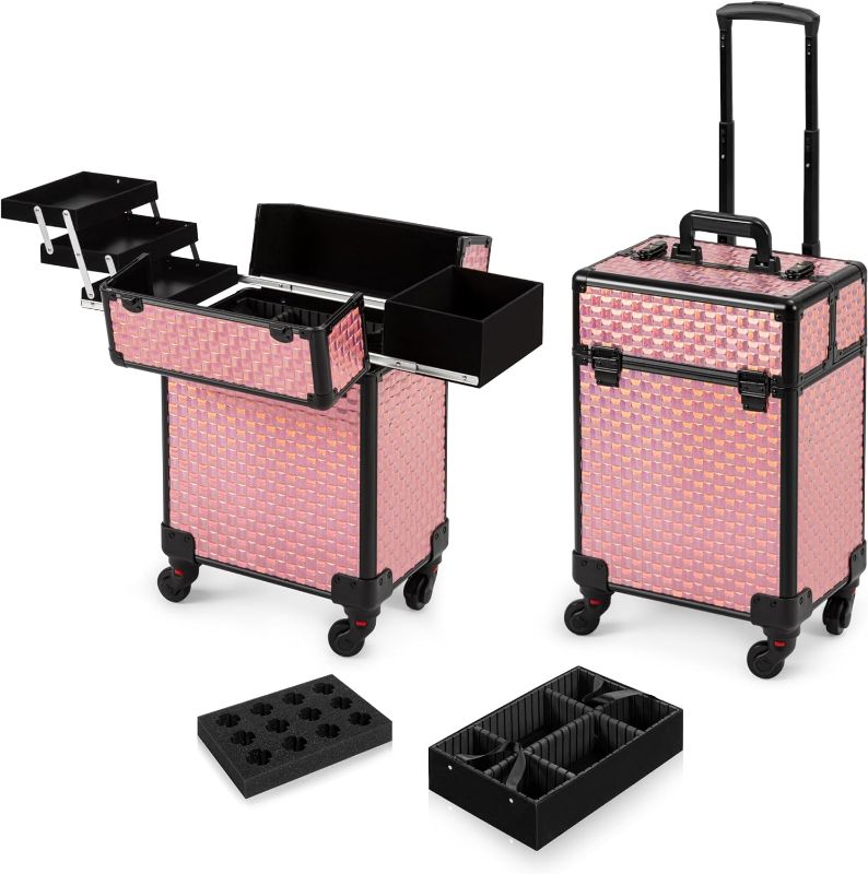 Photo 1 of Rolling Makeup Train Case Cosmetic Travel Trolley 4 Tray with Sliding Rail Removable Middle Layer with Key Swivel Wheels Salon Barber Case Traveling Cart Trunk Colorful
(new, minor dust)