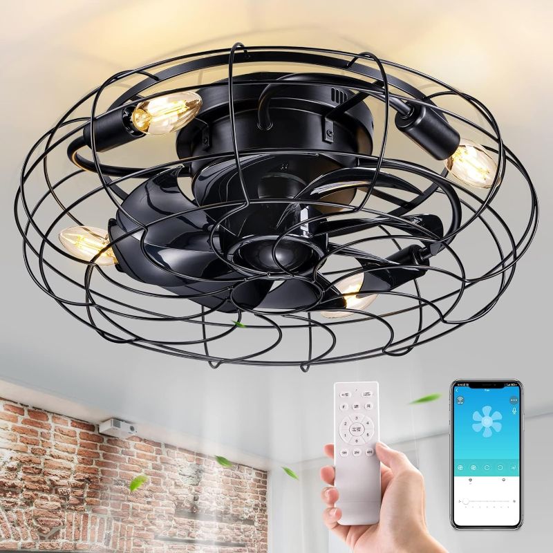 Photo 1 of 18'' Small Caged Flush Mount Ceiling Fans with Lights and Remote, Black Low Profile Rustic Farmhouse Modern Lighting & Ceiling Fan, Bladeless 6 Speed Timing for Bedroom Kitchen Dining Room
