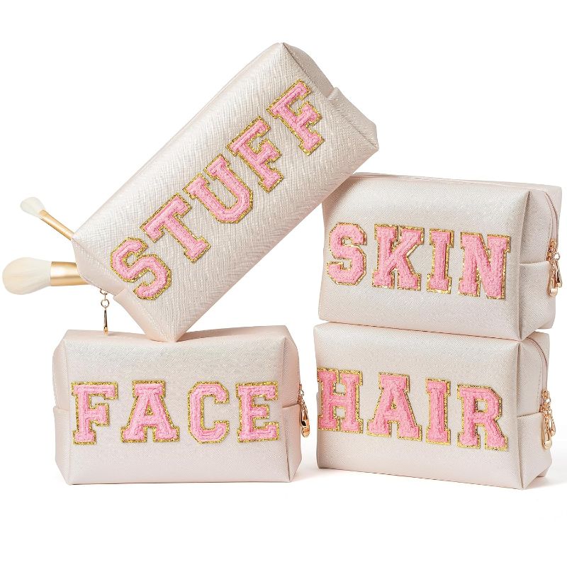 Photo 1 of Y1tvei 4Pcs Preppy Patch Varsity Letter Makeup Bag Sewn with Pink Skin Hair Face Stuff Chenille Letter Cosmetic Toiletry Bag PU Leather Waterproof Portable Zipper Purse Travel Organizer for Women Girl
