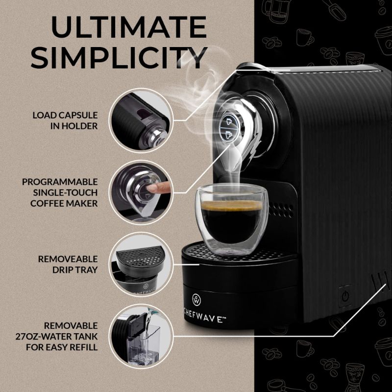 Photo 1 of ChefWave Espresso Machine and Coffee Maker (Black) - Compatible with Nespresso Capsules, Programmable, One-Touch, Italian 20 Bar High-Pressure Pump Bundle with Pod Holder and Glasses