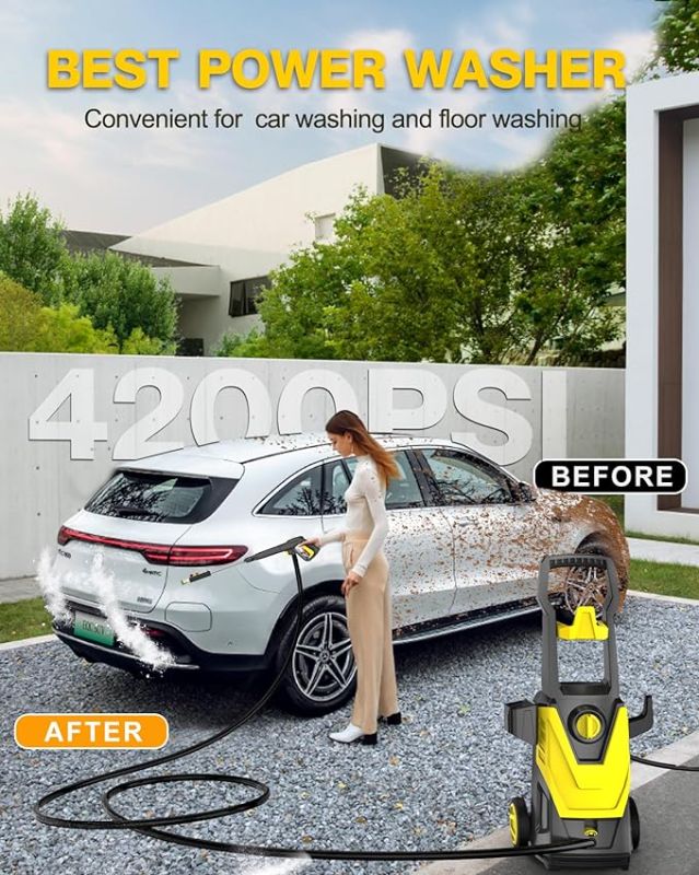 Photo 1 of  Electric Pressure Washer, 4200PSI Max 3.0GPM Power Washer Electric Powered with 20FT Hose, 4 Nozzles, Foam Cannon, High Pressure Cleaner Machine for Cars, Patios, Driveways, Fences, Yellow