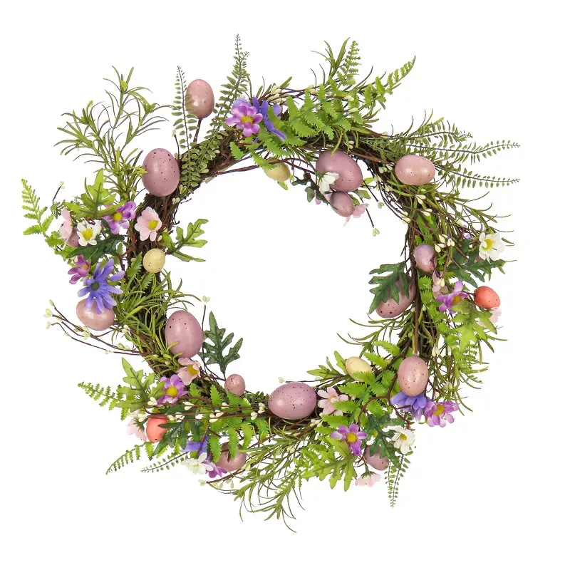 Photo 1 of 22" Artificial Floral Spring Wreath with Pink Eggs and Purple Flowers - National Tree Company
