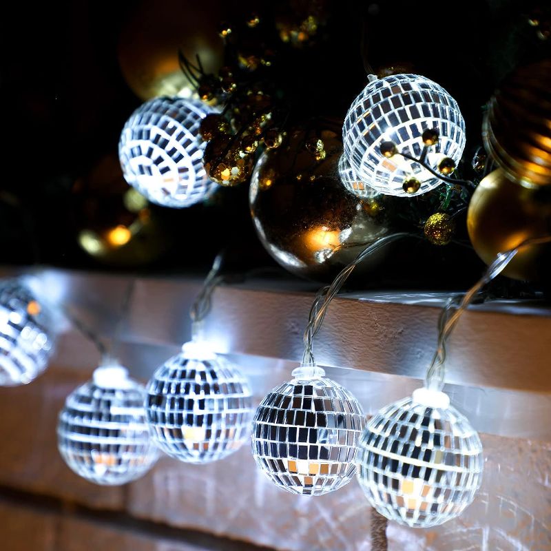 Photo 1 of LED Disco Ball Decorations Mirror Disco Ball Ornaments 70s Disco Party Supplies Mini Disco Ball Tree Ornament Light Battery Operated Disco Ball with String(Silver White, 5.91 ft Long)
