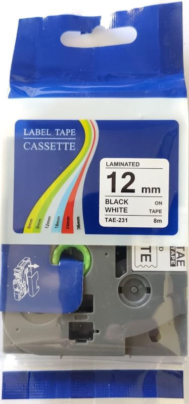 Photo 1 of Compatable TAe-231, 12 mm Standard, Black on White Laminated Label Tape
