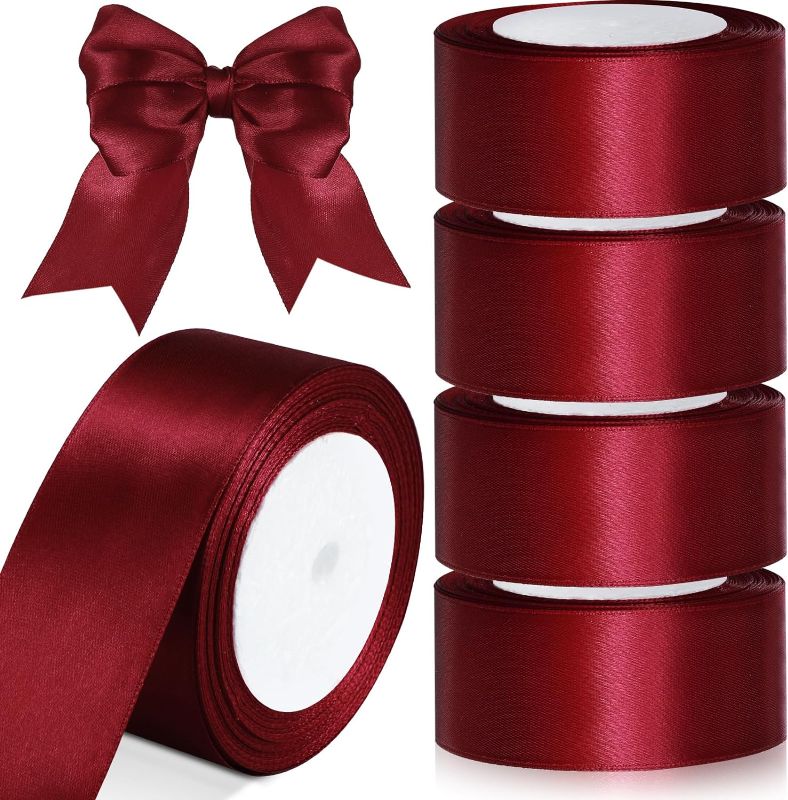 Photo 1 of 4 Rolls Satin Ribbon 96 Yards 2 Inches Wide Double Faced Polyester Satin Ribbon Solid Satin Ribbon for Christmas Wedding Handmade Bows and Gift Wrapping Crafts Party Decoration (Burgundy)
