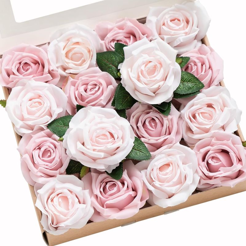 Photo 1 of Ling's Moment Artificial Flowers 16pcs Blush Pink Silk Roses with Stems Real Look, 3.5" Fake Ombre Slate Pink Vendela Roses Bulk for DIY Wedding Bouquets Centerpieces Party Baby Shower Home Decoration

