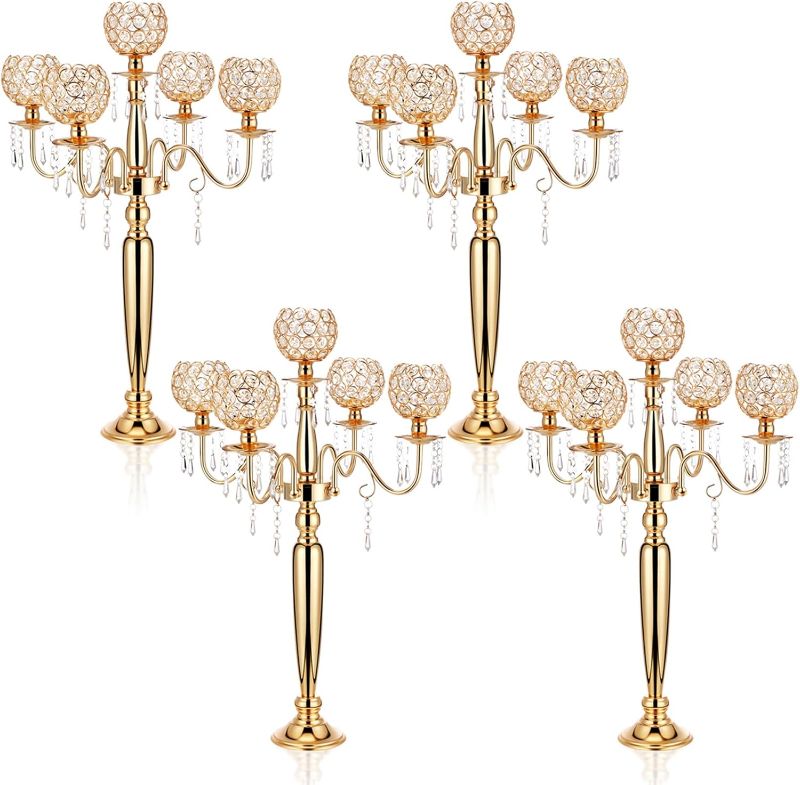 Photo 1 of Tessco 4 Pcs 5 Arm Crystal Candelabra Centerpieces for Tables 29.5 Inch Gold Candle Holders for Table Centerpiece Tall Crystal Candle Holders for Wedding Party Christmas Assemble by Yourself
