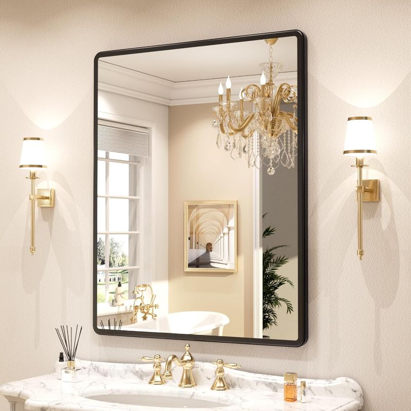 Photo 1 of New Upgrade 30X36 Inch Wall Mounted Bathroom Mirror, Black Metal Frame Rounded Rectangle Mirror, Bathroom Vanity Mirror with Tempered Glass for Washroom Bedroom Living Room
 