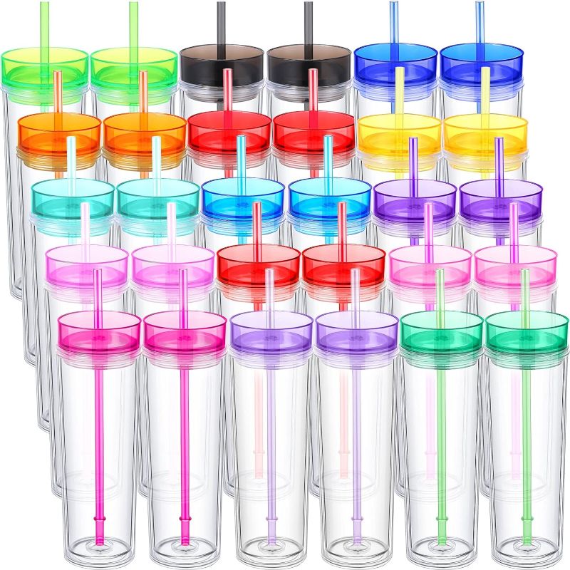 Photo 1 of Hoolerry 30 Pcs Acrylic Skinny Tumblers, 16 oz Double Wall PS Tumblers with Lids and Straws, Bulk for Drink Party Birthday Gifts, Multicolor
