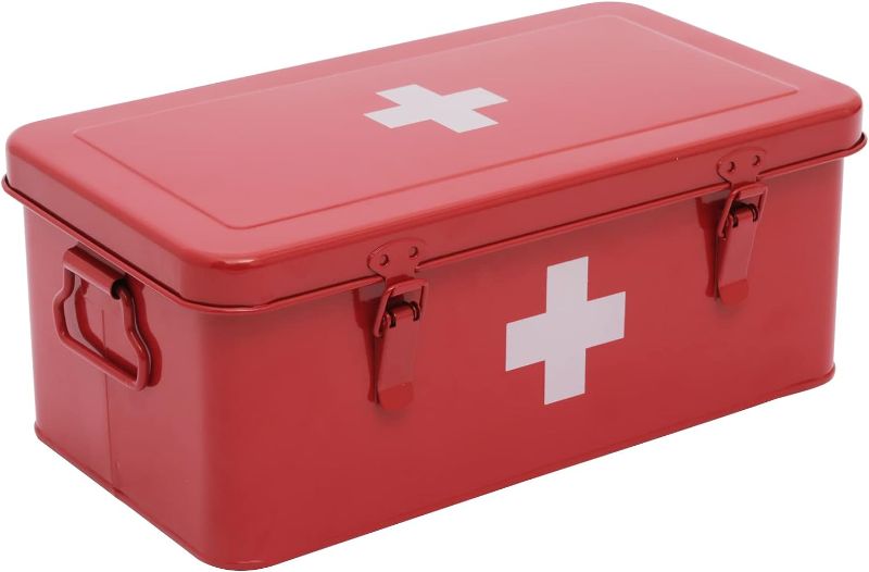 Photo 1 of First Aid Medicine Box, First Aid Kit Supplies Bin, Metal Medicine Storage Tin, First Aid Empty Box with Safety Lock for Home Emergency Tool Set-Red
