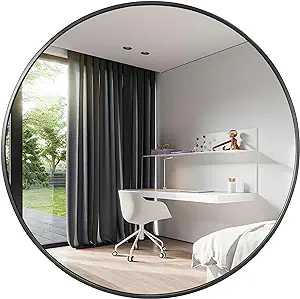 Photo 1 of round black mirror  42 Inch Large Round Mirror for Bathroom, Black Metal Framed Circle Mirror, Wall Mounted Bathroom Mirror, Matte Black Vanity Mirror for Home Decor, Living Room, Corner, Makeup Mirrors for Wall