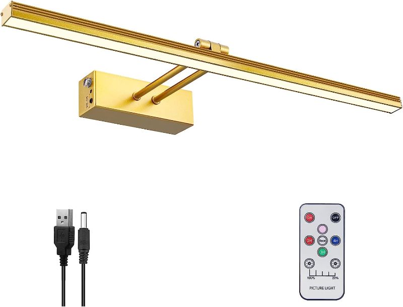 Photo 2 of FUNCHDAY Picture Light,5000mAh Battery Operated Picture Light for Wall,Wireless Remote Painting Light with Timer and Dimmable,16”Metal Art Light for Display,Artwork,Portrait,Gallery-Gold
 