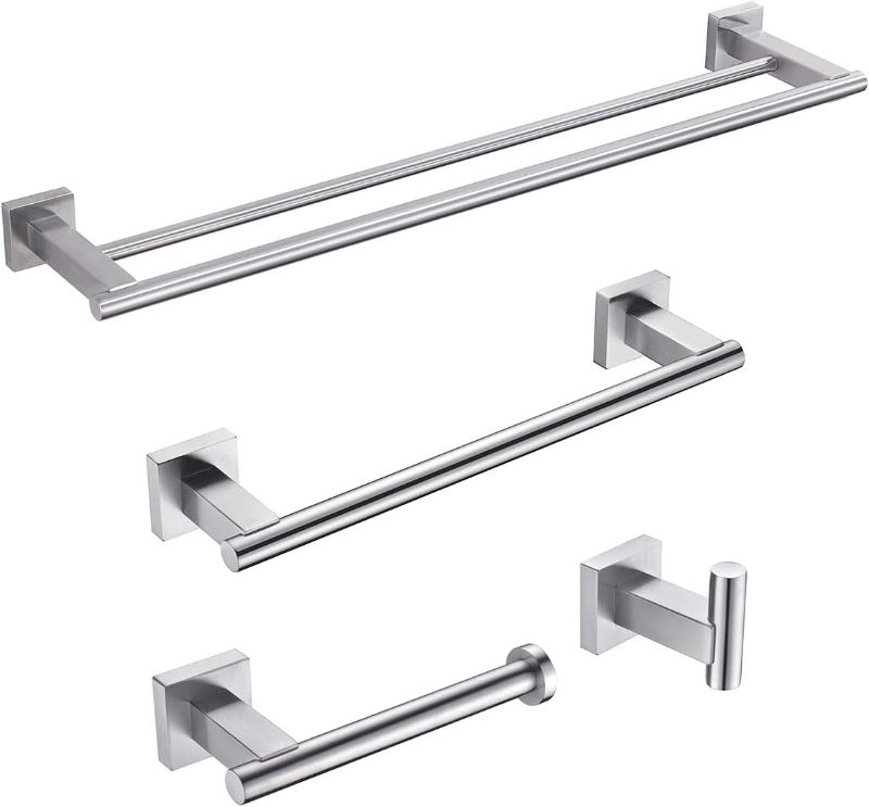 Photo 1 of Bathroom Accessories Set 4-Piece Bath Hardware Kit Brushed Stainless Steel Wall Mount - Includes Double Towel Bar, Hand Towel Rack, Toilet Paper Holder, Robe Hook, 