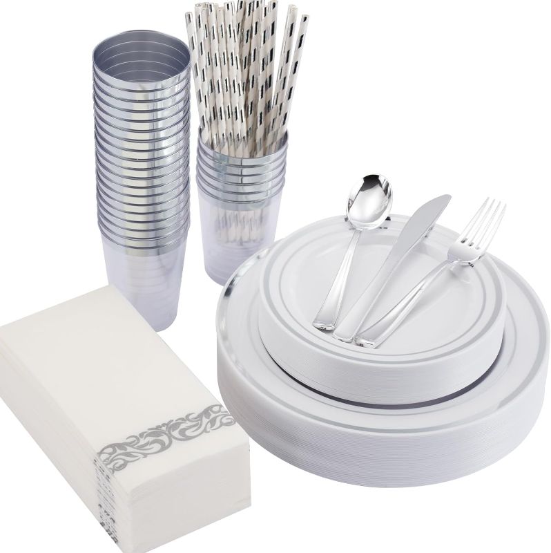 Photo 1 of Silver Dinnerware Set Guests,White and Silver Rimmed Plastic Disposable Plates for Party Wedding with Napkins,25 Dinner Plates,Dessert Plates, Spoons,Forks,Knives,Dessert Forks 