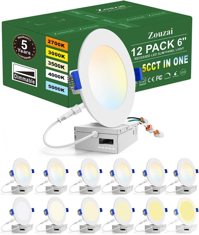 Photo 1 of zouzai 12 Pack 6 Inch 5CCT Ultra-Thin LED Recessed Ceiling Light with Junction Box, 2700K/3000K/3500K/4000K/5000K Selectable, 12W Eqv 110W,Dimmable, led can Lights- ETL and Energy Star Certified