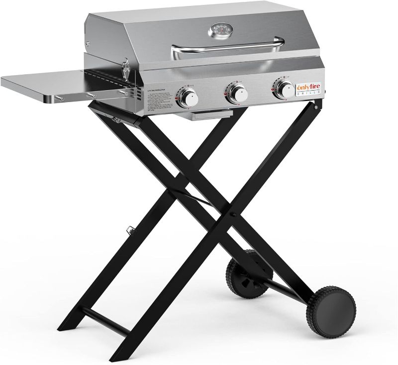 Photo 1 of Onlyfire BBQ Gas Grill 3-Burner with Foldable Cart & Side Table, Portable Propane Grill with Lid for Outdoor Patio Backyard Barbecue Camping Tailgating RV Trip, Stainless Steel, GS308
 