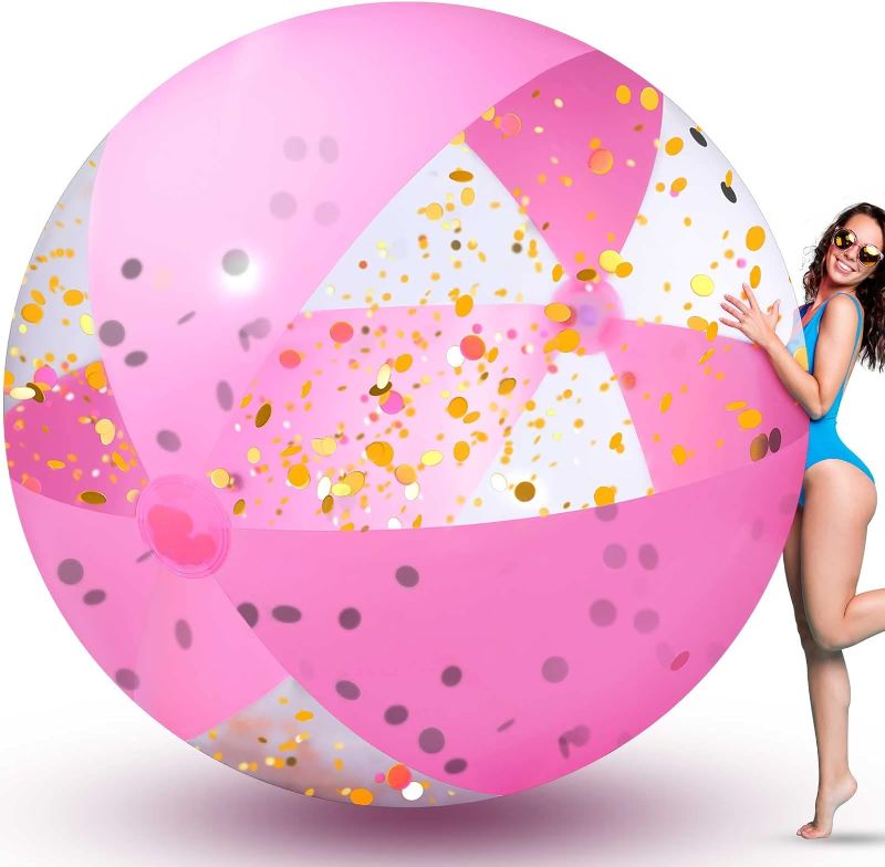 Photo 1 of 72 Inch Giant Pink Inflatable Beach Ball 6 ft Large Glitter Beach Ball UV Resistant Jumbo Swimming Pool Ball Clear Confetti Ball with a Repair Tape Floatable Ball for Swimming Beach Pool Party Decor
