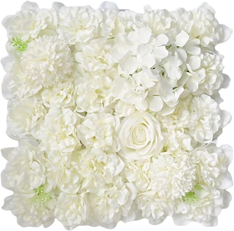 Photo 1 of  Artificial Flower Wall Panel, Romantic Silk Rose Floral Screen Hydrangea Backdrop for Wedding Party Stage Wall Decor, White