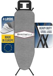 Photo 1 of Bartnelli Ironing Board Made in Europe | Iron Board with 4 Layered Cover & Pad, Height Adjustable up to 36" Features A Safety Iron Rest, 4 Steel Legs, for Home Laundry Room or Dorm Use (43x14) Black/Gray