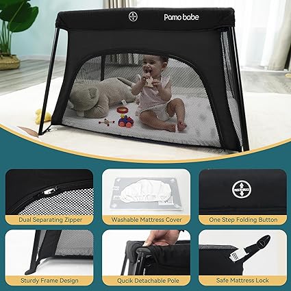 Photo 1 of Pamo babe Lightweight Travel Crib, Portable and Easy to Carry Baby Playard, Travel Playard for Baby with Soft Mattress Pad(Black)