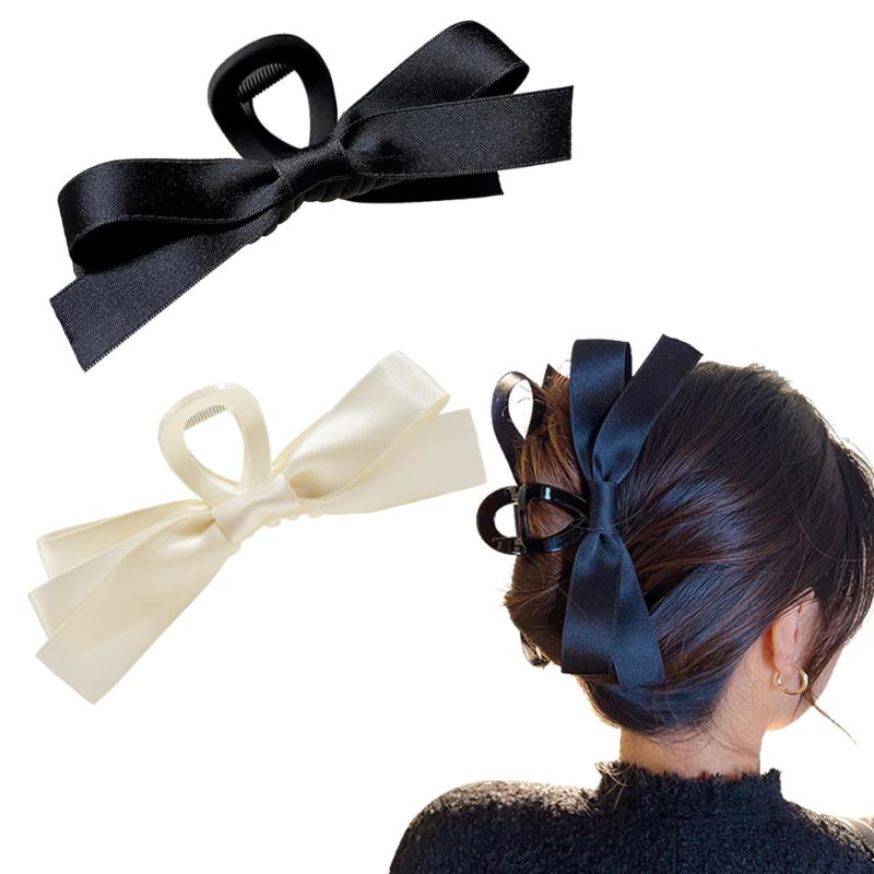 Photo 1 of 4 Ayesha Bow Hair Claw Clips 2 Colors Ribbon Bow Hair Clips Big Hair Bows Jaw Clips Barrettes Hair Accessories for Women Girls(black&cream)