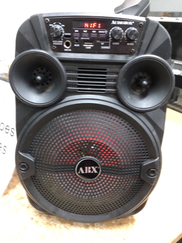 Photo 2 of ***USED - NO POWER CORD, MICROPHONE, OR STAND - UNABLE TO TEST - NO PACKAGING***
AUDIOBOX ABX-82S Portable 8" PA Speaker with Stand, WaveSync™ Technology, Bluetooth, LED Lights, 1100W - Includes Microphone & USB Cable
