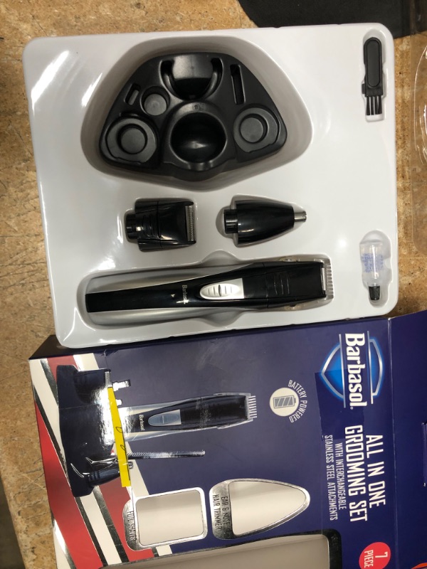 Photo 2 of **REQUIRES TWO DOUBLE A BATTERIES**
Barbasol Portable Battery Powered All in 1, 7 Piece Beard Grooming Set with Ear and Nose Trimmer, Foil Shaver and Beard Trimmer with Stainless Steel Blades and Stand