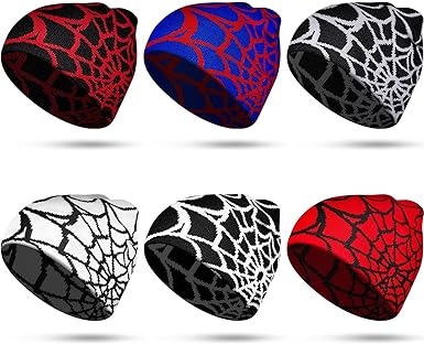 Photo 1 of 6 Pcs Women Men Y2k Beanie Gothic Spider Beanie Winter Warm Graphic Beanie Spider Pattern Halloween Knitted Hat for Casual Outdoor Halloween Costume