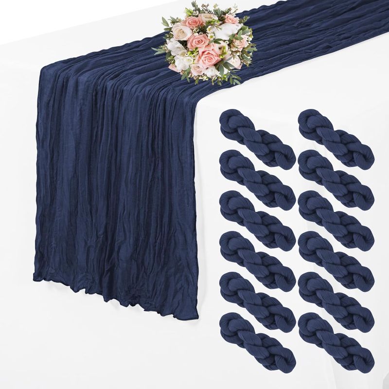 Photo 1 of 12 Pack Cheesecloth Table Runner 35 x 70 inch Long Boho Cheese Cloth Gauze Table Runners Semi Sheer Table Runner for Wedding Decor, Bridal Shower, Birthday Party (Navy Blue)