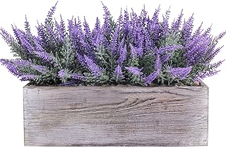 Photo 1 of Fake Lavender Flower Arrangement in Rustic Rectangular Wood Planter Box Artificial Potted Lavender Plant for Gifts Farmhouse Wedding Centerpiece Kitchen Windowsill Table Shelf Indoor Greenery Decor