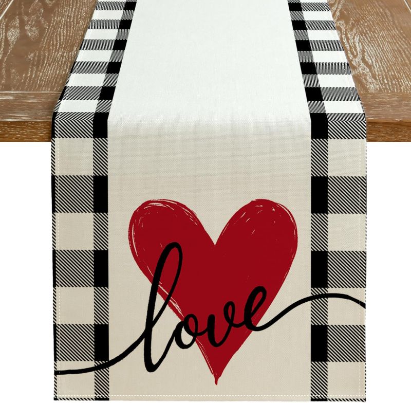 Photo 1 of ** Two Pack ** ARKENY Valentines Table Runner 60x13 Inches, Love Heart Holiday Farmhouse Burlap Buffalo Plaid Indoor Anniversary Wedding Table Decorations for Home Party
