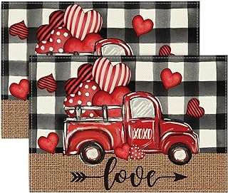 Photo 1 of ** Two Sets ** Artoid Mode Buffalo Plaid Hearts Truck Love Mother's Day Placemats Set of 2, 12x18 Inch Anniversary Table Mats for Party Kitchen Dining Decoration