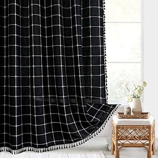 Photo 1 of Boho Farmhouse Shower Curtain, Heavy Duty Modern Chic Cotton Linen Shower Curtain, Vintage Country Bathroom Decor, Tassel Heavy Duty Weighted & Thick Waterproof Cloth Washable, Black, 60 x 72 Inch