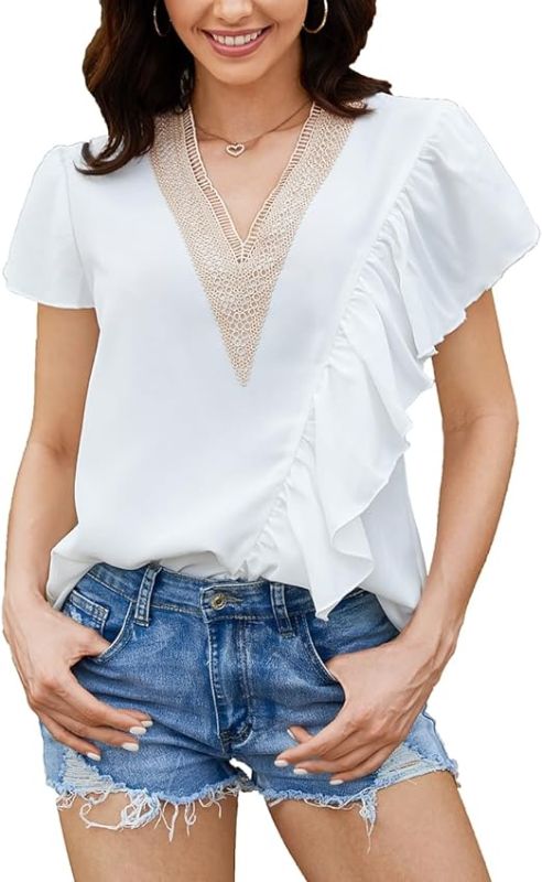 Photo 1 of GORGLITTER Women's Lace V Neck Blouse Ruffle Puff Short Sleeve Blouses Tops MEDIUM