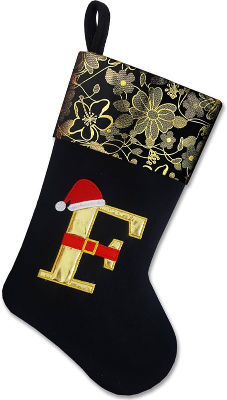 Photo 1 of 18 Inches Monogram Christmas Stockings Black Bright Cloth Cuff with Embroidered Border Letters with Belt and Christmas Hat Decorations-Black-F