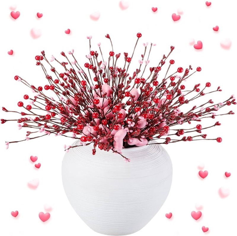 Photo 1 of 30 Pcs Valentine's Day Artificial Heart Shaped Berry Branches Artificial Valentine's Day Decor Sticks for Flower Arrangements with Heart Shaped Berry Stem Faux Fake Twig for Party Decor