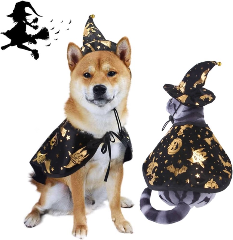 Photo 1 of 2 Pieces Halloween Dog Cat Pet Costume Set, Cat Dog Vampire Cloak and Witch Hat Adjustable Pet Witch Cloak Caps Funny Puppy Costumes for Small Medium Dogs Cats with Pumpkin Wizard Stars Pattern