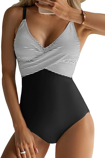 Photo 1 of B2prity Women's One Piece Swimsuits Tummy Control Front Cross Bathing Suits Slimming Swimsuit V Neck Swimwear Monokini MEDIUM