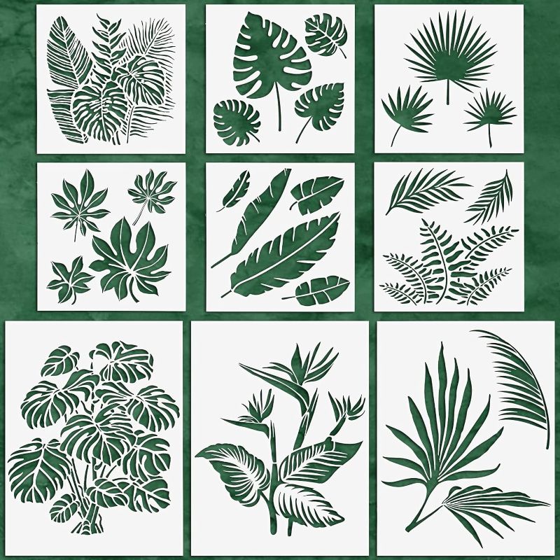 Photo 1 of 9 Pieces Reusable Painting Stencil Tropical Stencil Plastic Paint Stencils Summer Pattern Drawing Templates Stencils Reusable Craft Stencils for Painting (Leaves,9.8 x 9.8 Inches, 13.8 x 10.2 Inches)
