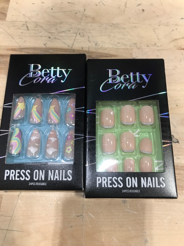 Photo 2 of **2PACK**Medium Press on Nails,BettyCora Almond Fake False Nail Tips Nail Kit with Nail Glue,Nail File,Prep Pad D-Rianbow Flower