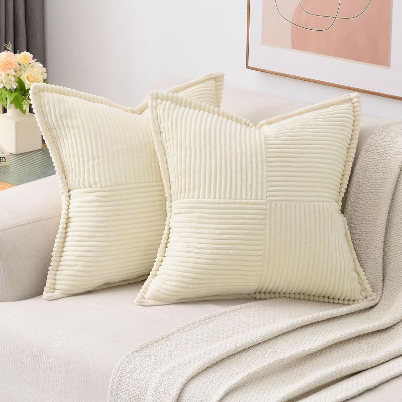 Photo 1 of HAUSSY Beige Throw Pillow Covers 16x16 Inch Set of 2,Soft Solid Corduroy Striped/Wide Bordered,Square Decorative Cushion Case,Winter Home Decorations for Couch,Bed Beige 16"x16"