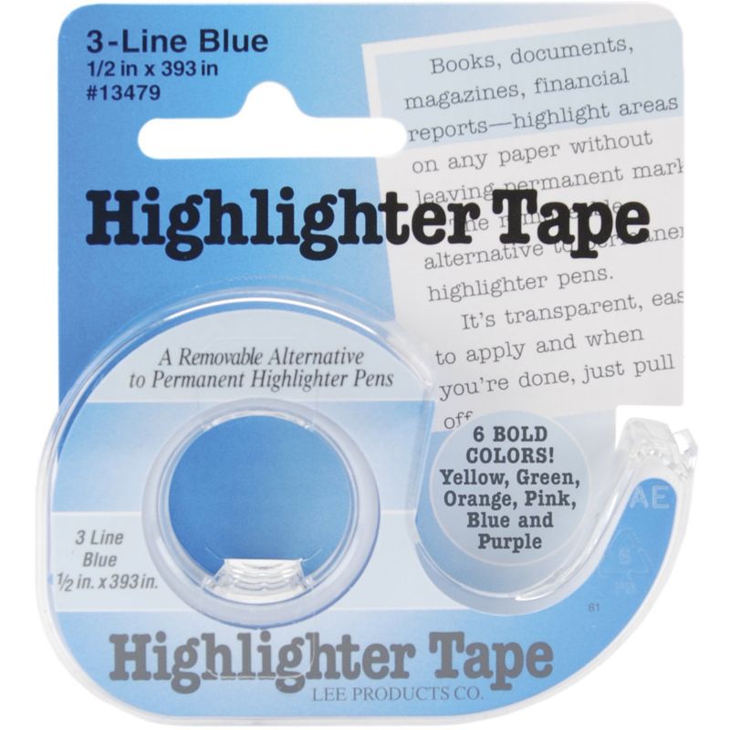 Photo 1 of 2 pack - Lee 3-Line Removable Wide Highlighter Note Tape, 1/2 X 393 in, Blue
