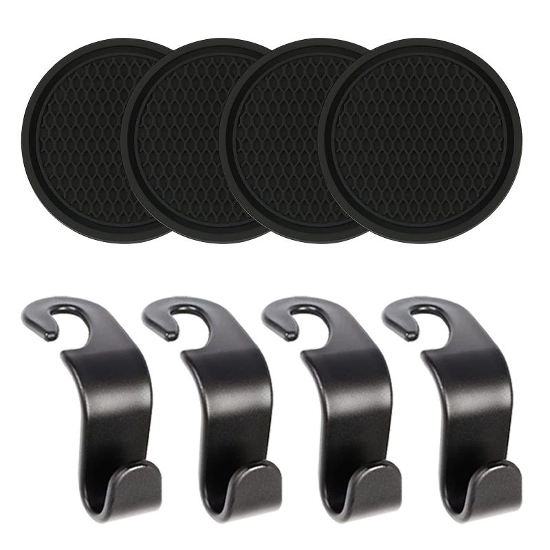 Photo 1 of 2 pack - 2-in-1 (4 Pack of 2.8-inch Car Coasters for Cup Holders) and (4 Pack of Hooks for Car Seat Headrest) Non-Slip Car Cup Holder Coaster, Car Interior Accessories, Black