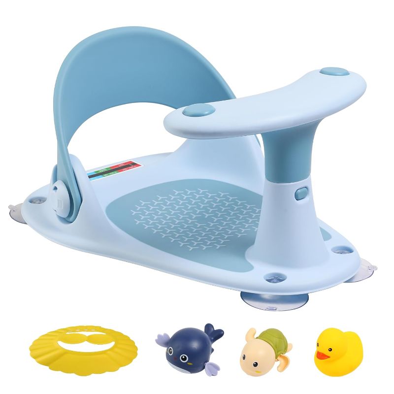 Photo 1 of Baby Bath Seat with Thermometer, Portable Toddler Child Bathtub Seat for 6-18 Months with Comfortable Backrest & Stable Suction Cup (Navy Blue)