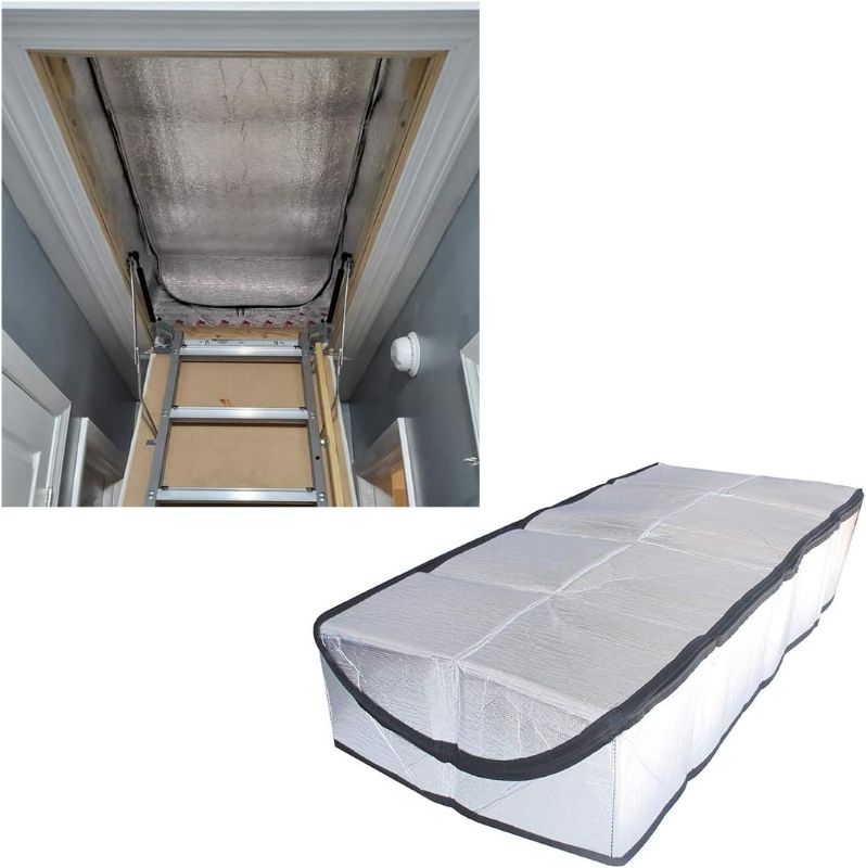 Photo 1 of Attic Stairway Insulation Cover - Premium Energy Saving Attic Stairs Door Ladder Insulator Pull Down Tent with Zipper 25 in x 54 in x 11In (Attic Cover)
