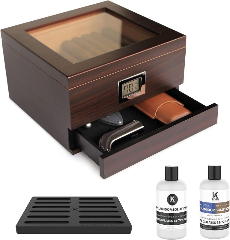 Photo 1 of CASE ELEGANCE Glass Top Humidor with thick cedar, easy humidification system, accurate digital hygrometer - Renzo, Brown
