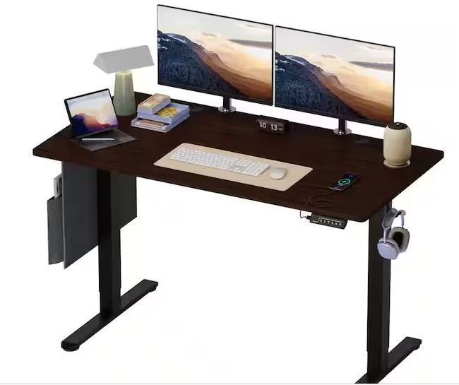 Photo 1 of 55.12 in. Rectangular Dark Walnut Wood Sit to Stand Desk with 3 Height Memory Presets and USB Port