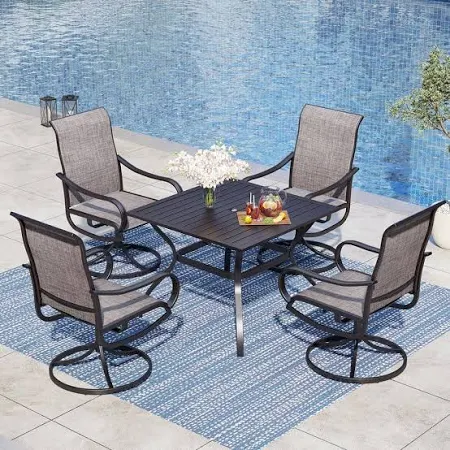 Photo 1 of Black 5-Piece Metal Square Patio Outdoor Dining Set with Slat Table and Textilene Swivel Chairs