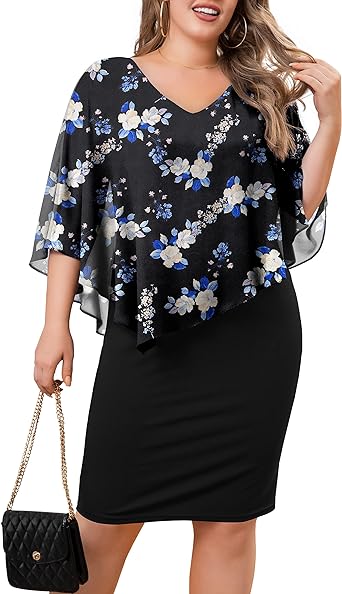 Photo 1 of FOLUNSI Women's Plus Size V Neck Bodycon Pencil Dresses Chiffon Cape Midi Dress 4XL