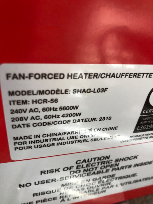 Photo 2 of 240V Fan-Forced Industrial Space Heater 5600W, heats Up to 600 ft². with Fan Only Function, 6ft Cord, Integrated Thermostat Control, Carry Handle and Overheat Protection, UL Safety. SHAG-L03F